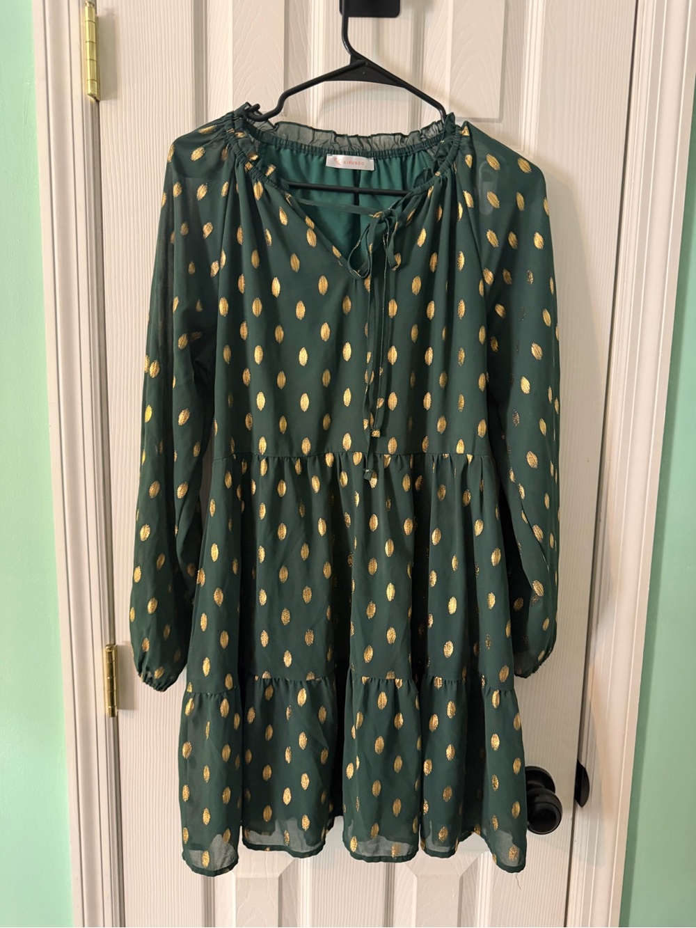 Forest Green Long-Sleeve Tiered Dress with Gold Dot Accents| S